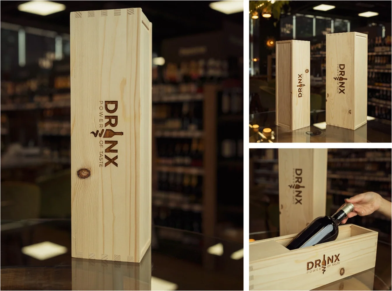 Drvena kutija Drinx 1x 0,75 L. smreka natur, klizno otvaranje Drinx LOGO 1 kom
