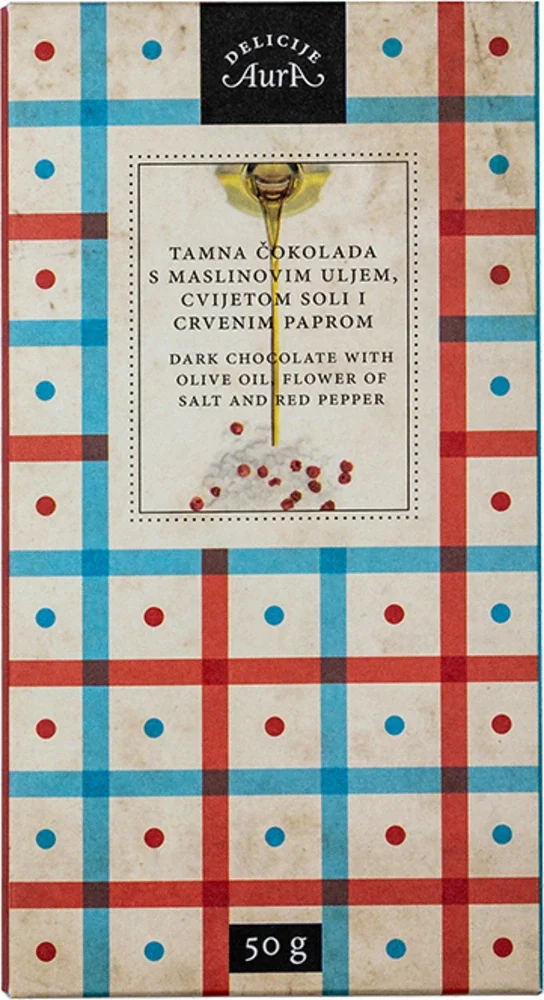 Čokolada tamna s maslinovim uljem i crnim paprom i solnim cvijetom Aura 50 g