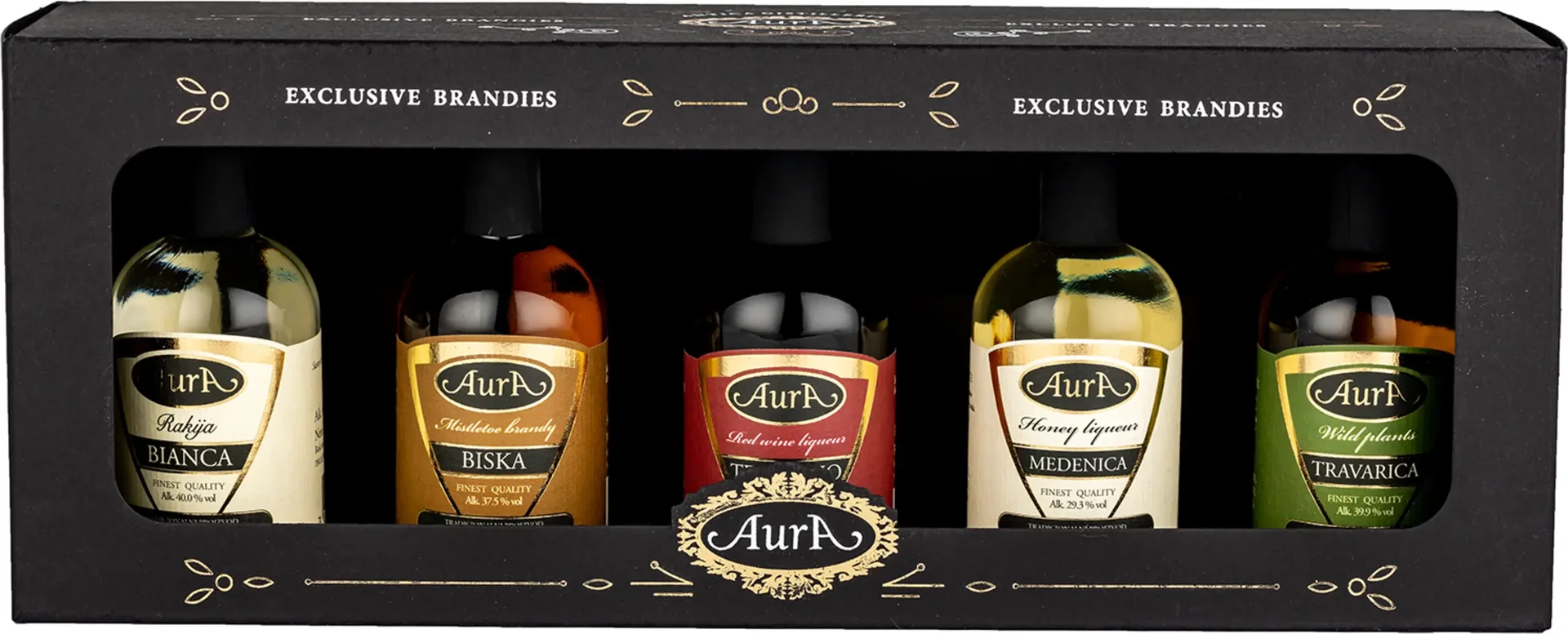 Gift pack Box Rakija (Biska, Medenica, Teranino, Bianca, Travarica) Aura + GB 5 x 0,05 l