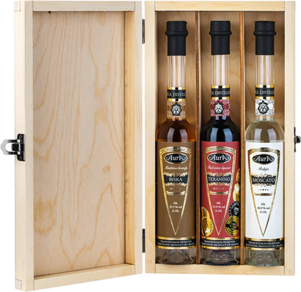 Poklon paket Box Rakija (Biska, Teranino, Moscato) Aura + GB 3 x 0,1 l