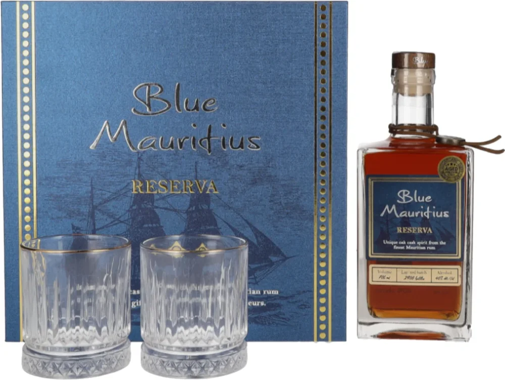 Rum Blue Mauritius Reserva + 2 čaše + GB 0,7 l