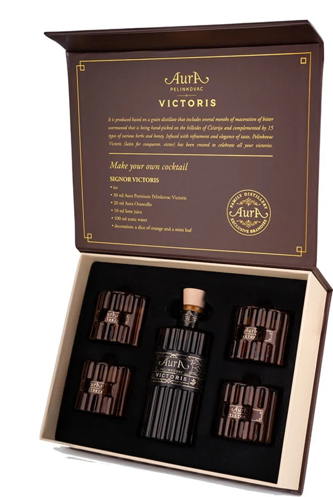 Poklon paket Grenčica Pelinkovac Victoris Aura + 4 čaše + GB 0,5 l