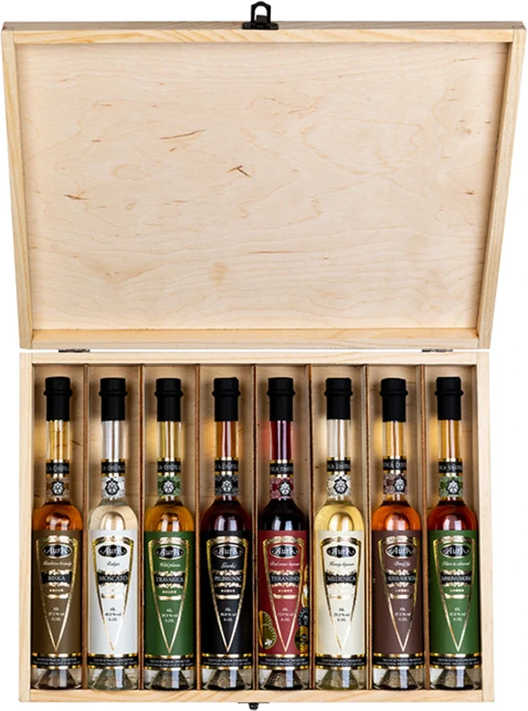 Gift pack Box Rakija (Biska, Moscato, Gorki pelinkovac, Medenica, Teranino, Suha smokva, Olive and almond, Travarica) Aura + GB 8 x 0,1 l