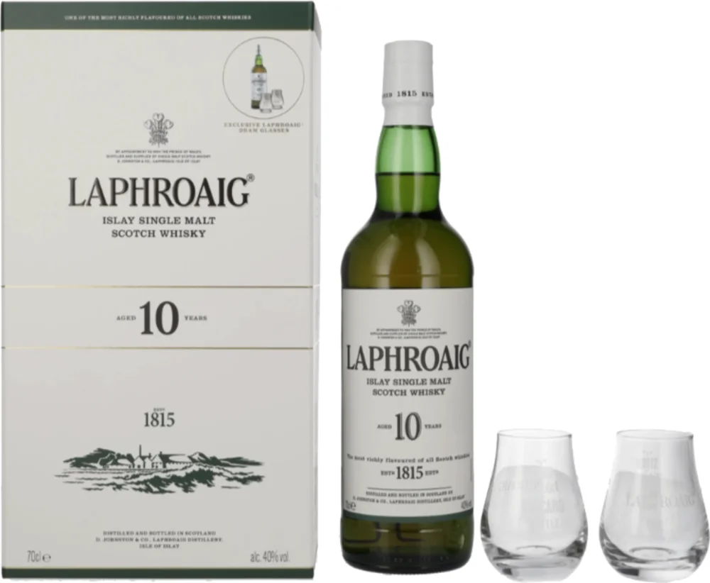 Škotski viski LAPHROAIG 10 Single malt + 2 čaše + GB 0,7 l