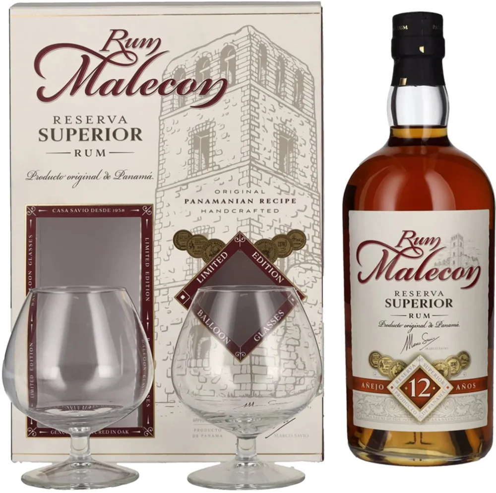 Rum Anejo 12 Reserva Superior Malecon + 2 čaše + GB 0,7 l